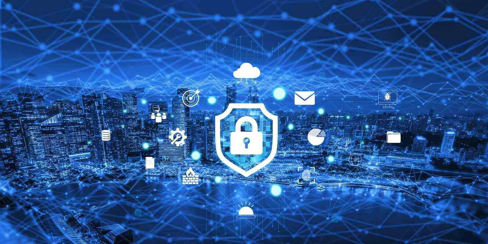 Cybersecurity concept featuring a secure digital connection over a city skyline