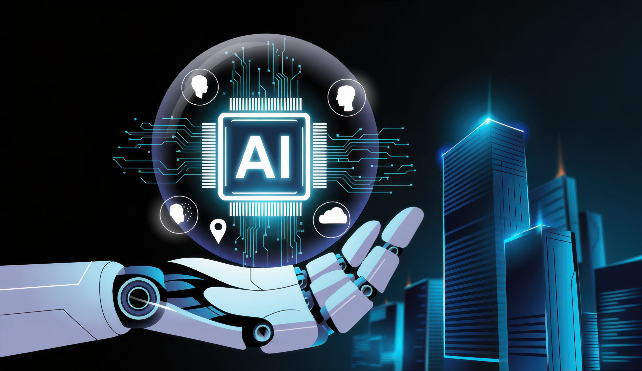 Generative AI assistant illustrating AI services for business automation and data analysis.