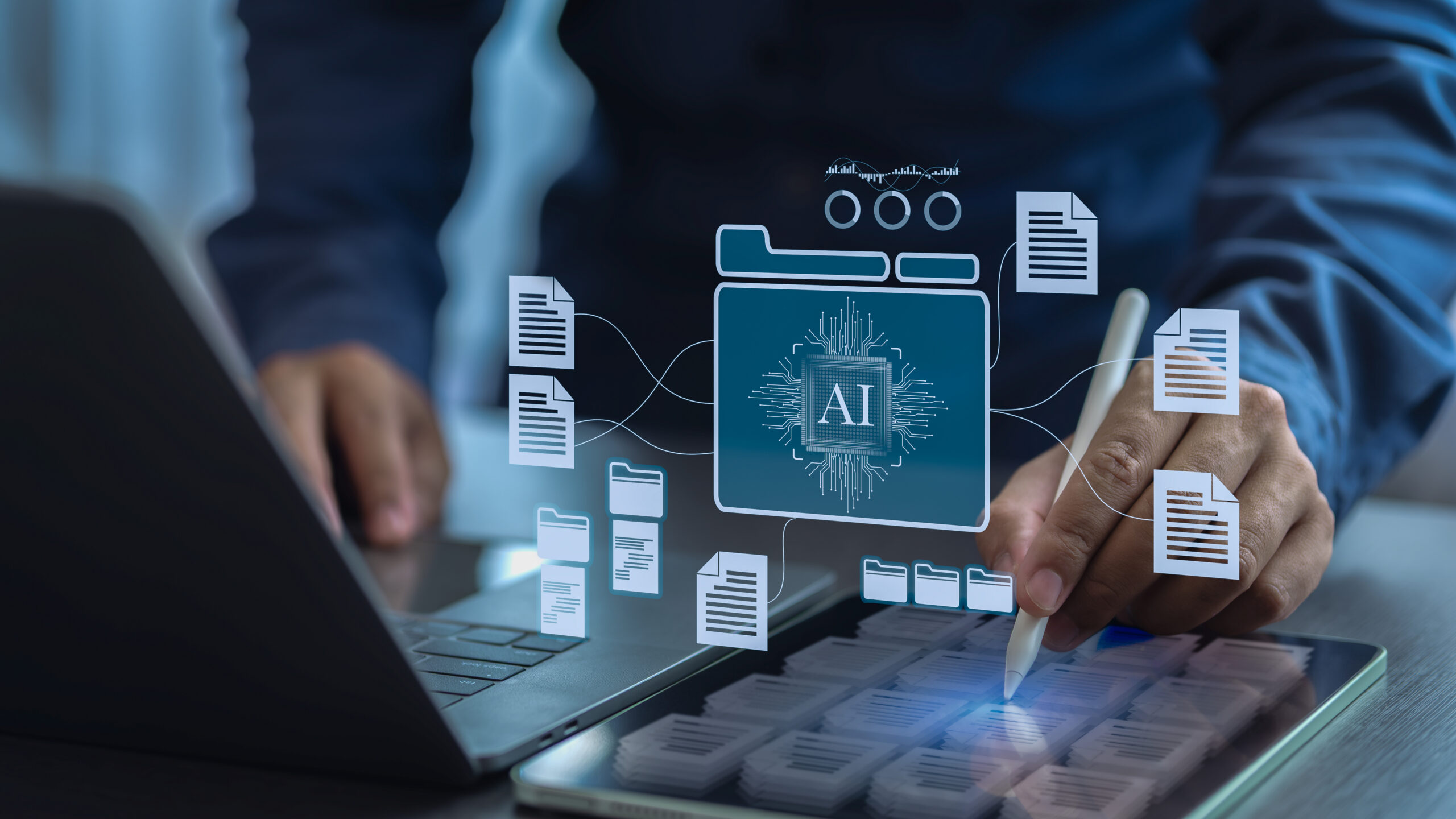 Person using a digital tablet and laptop to interact with artificial intelligence interface for data processing and AI services.