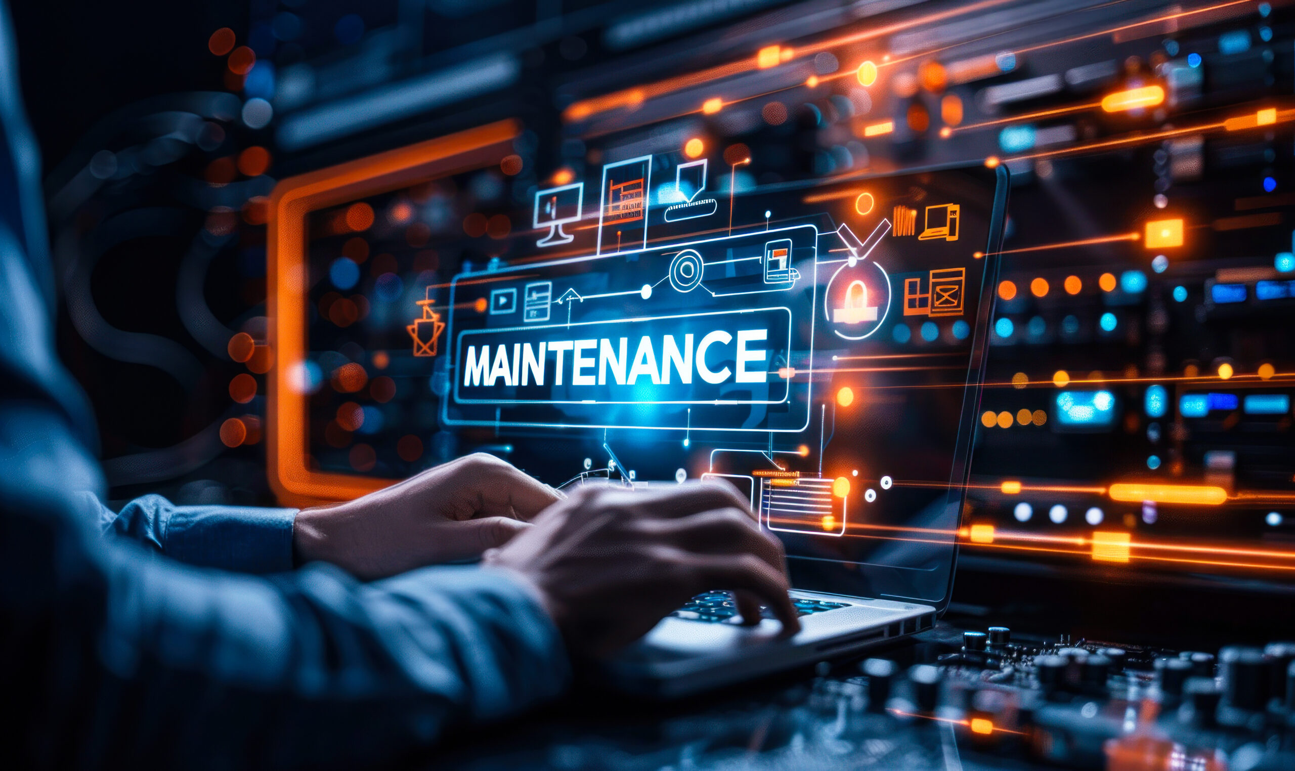 Technician performing system maintenance on a laptop, with digital interface and server racks in a data center environment.