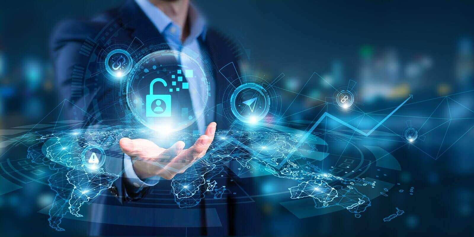 businessman hand hold of Information Security and global networking