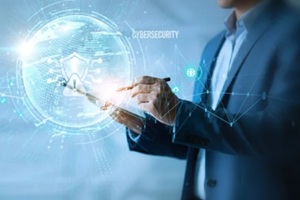 businessman using tab cybersecurity icon with global network