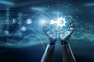 hand of robot holding access management control panel