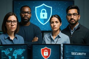 IT security team monitoring systems for cybersecurity protection.