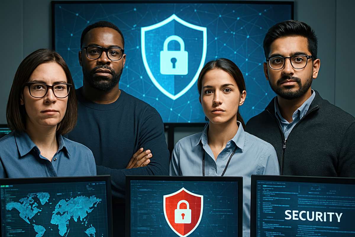 IT security team monitoring systems for cybersecurity protection.