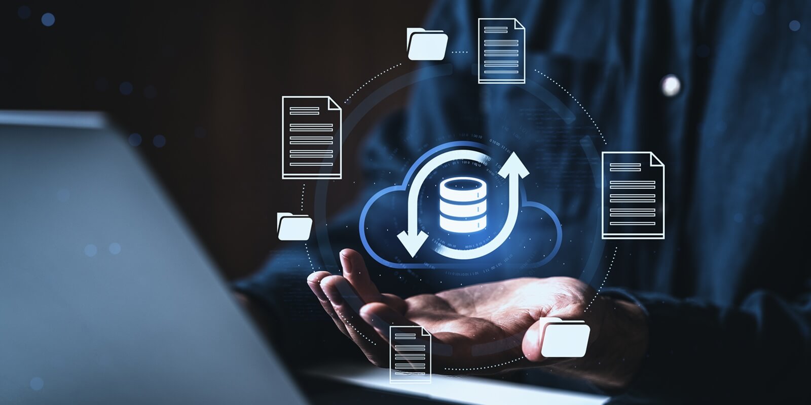 cloud data backup and file synchronization interface above hands in futuristic digital technology modern innovation style