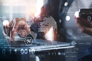 software engineer using laptop computer with customer support and global network