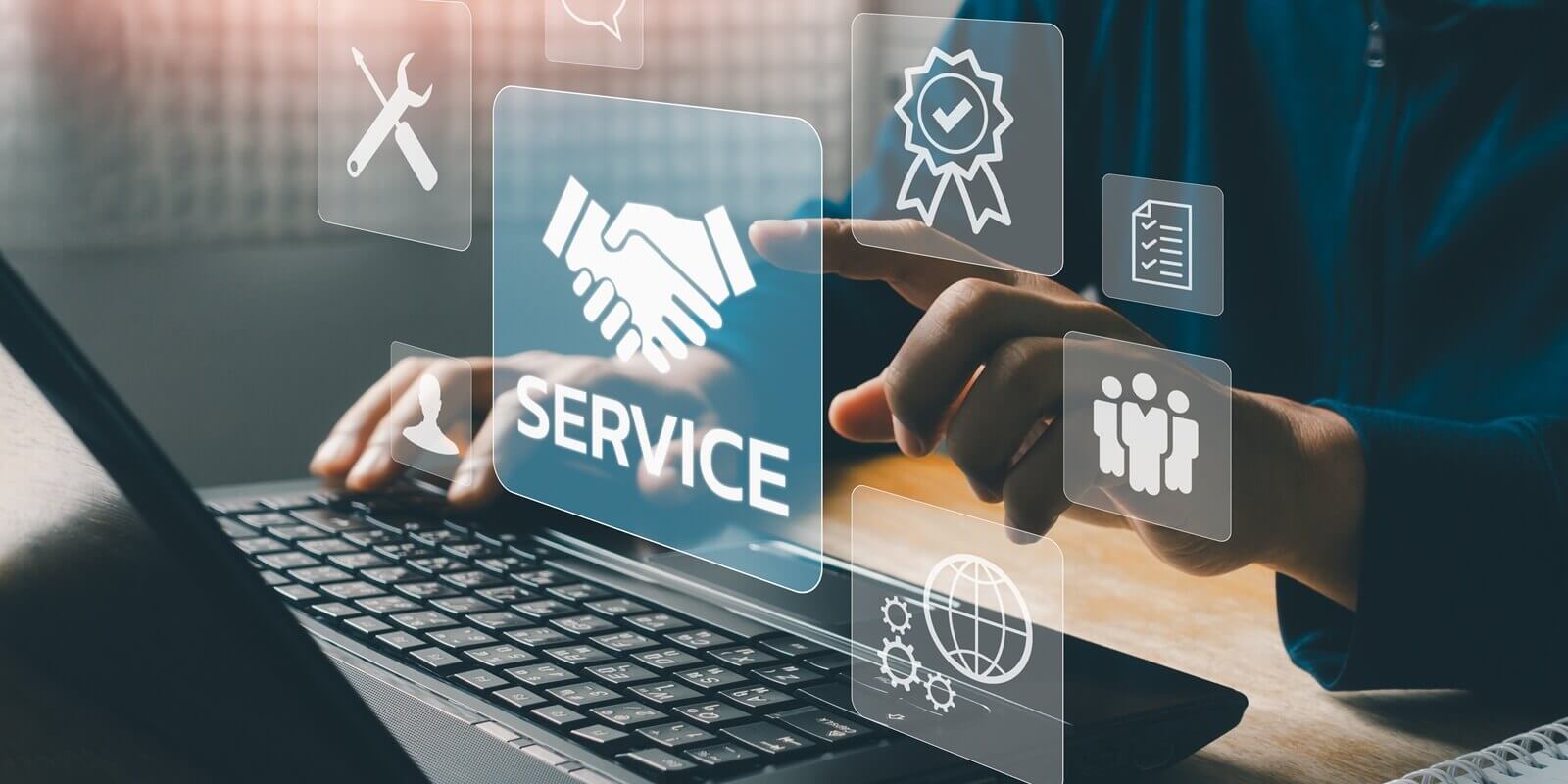 technical support operator with virtual screen icon working on laptop computer