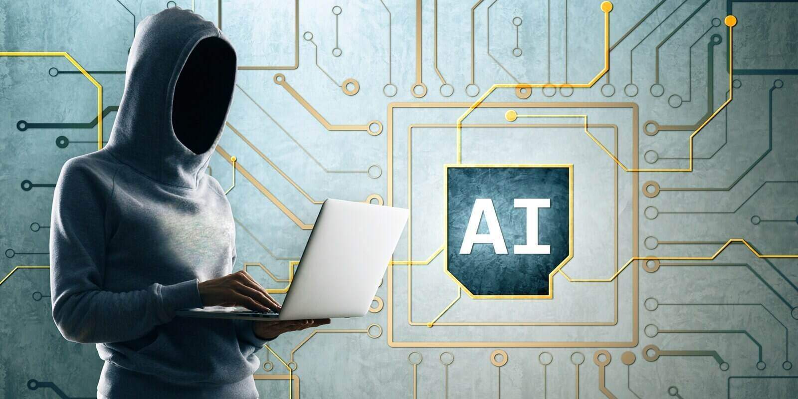 anonymous hooded person using laptop with AI text and circuit background representing artificial intelligence and cybersecurity concept