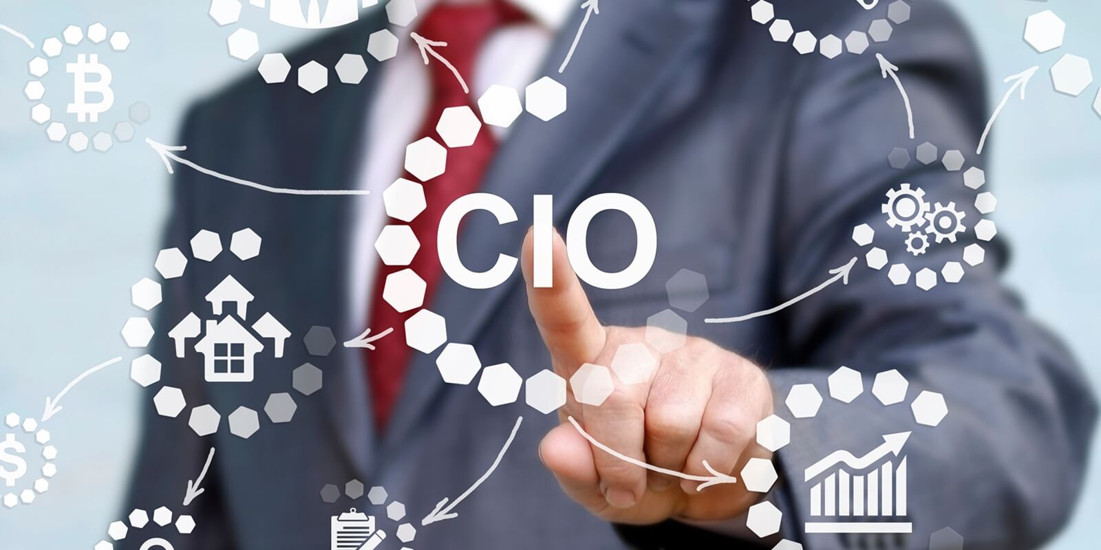 chief information officer concept presented by businessman touching on virtual screen