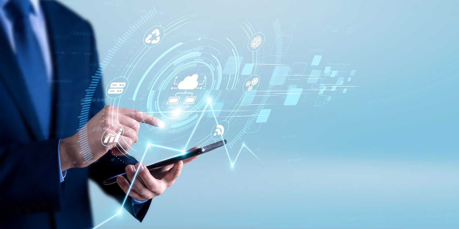 engineer using the tablet and analyzing cloud computing data