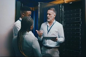 server room, training and manager with people on tablet for cybersecurity, diagnostics test and maintenance