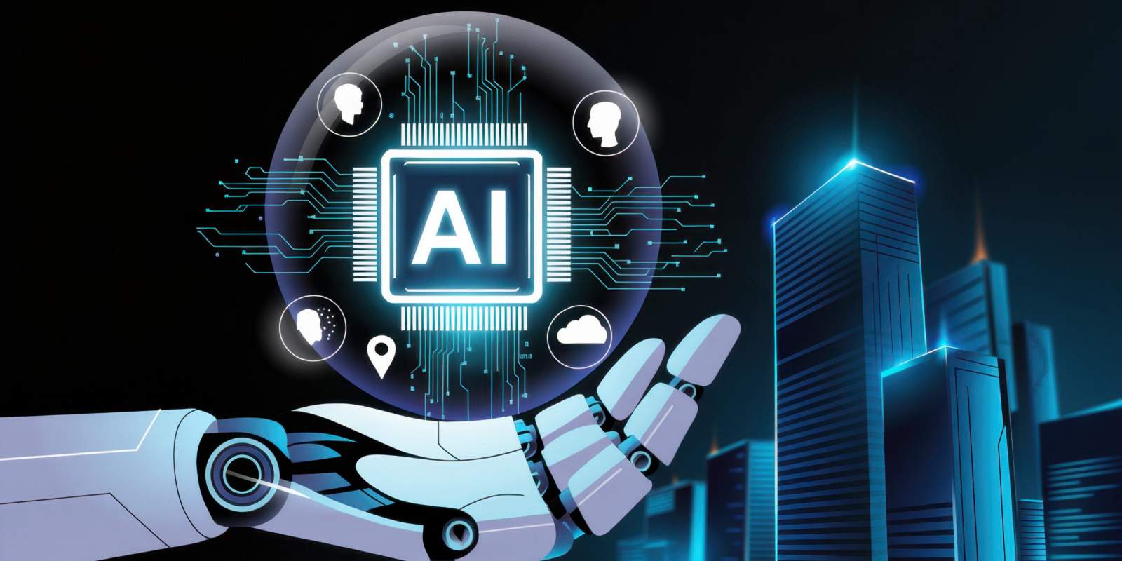 A robotic hand holding a glowing holographic sphere with an AI chip and digital icons, representing AI-powered services.
