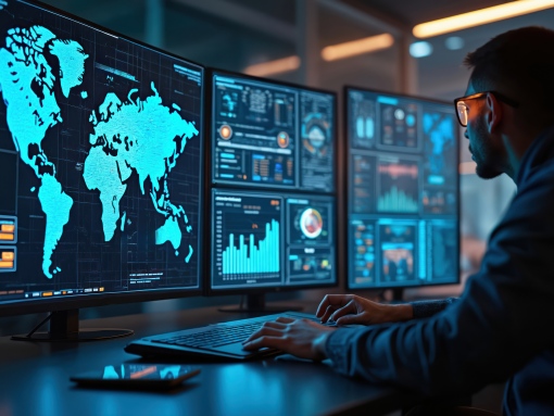 Cybersecurity professional monitoring global cyber threat intelligence dashboards to protect Frederick MD