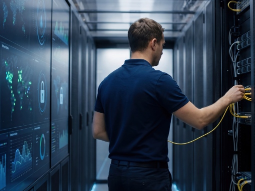 IT engineer managing cloud hosting infrastructure and server connections in a secure data center to support Frederick