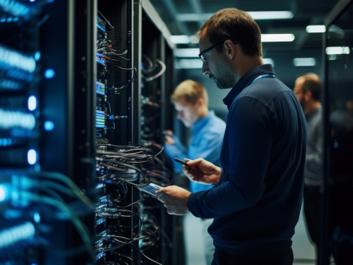 Network security technicians inspecting and securing server infrastructure to protect Frederick MD