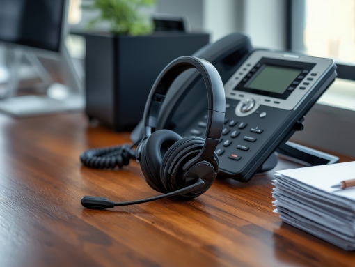 Professional VoIP phone system and headset on a business desk representing modern cloud-based communication solutions for Frederick