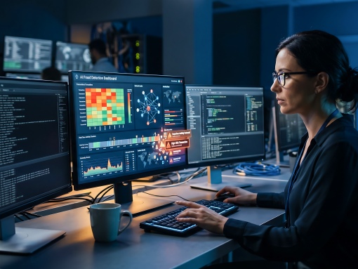 Security analyst monitoring an AI fraud detection dashboard with real-time transaction tracking and anomaly alerts to protect Frederick MD