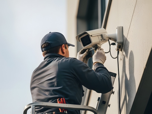 Technician installing a professional security camera on a commercial building exterior to protect a Frederick MD