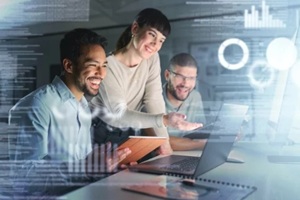 laptop hologram and people success in data analytics, cyber security research and cloud computing