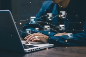 professional working with interconnected digital data workflow, system integration, and information flow, illustrating modern data management