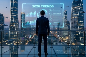 Business professional viewing a holographic 2026 trends display highlighting AI, cloud computing, automation, and cybersecurity against a futuristic city skyline