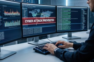 IT security professional monitoring multiple screens displaying cyber attack prevention alerts