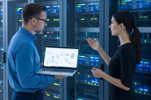 Two senior IT engineers reviewing a network infrastructure diagram on a laptop inside a data center server room
