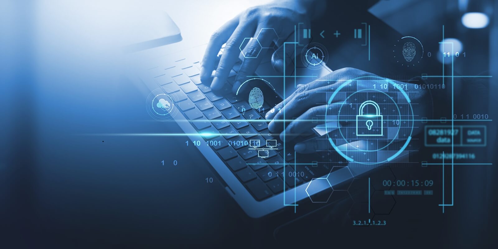 businessman using laptop computer with digital padlock on internet technology networking with cloud computing and data management