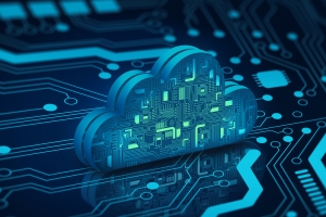 cloud icon with circuit board technology pattern on a dark blue digital background representing cloud computing infrastructure