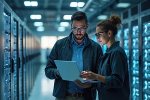 IT professionals reviewing server infrastructure on a laptop in a data center for managed IT services