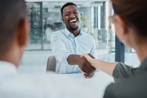 handshake, interview and business people for diversity partnership