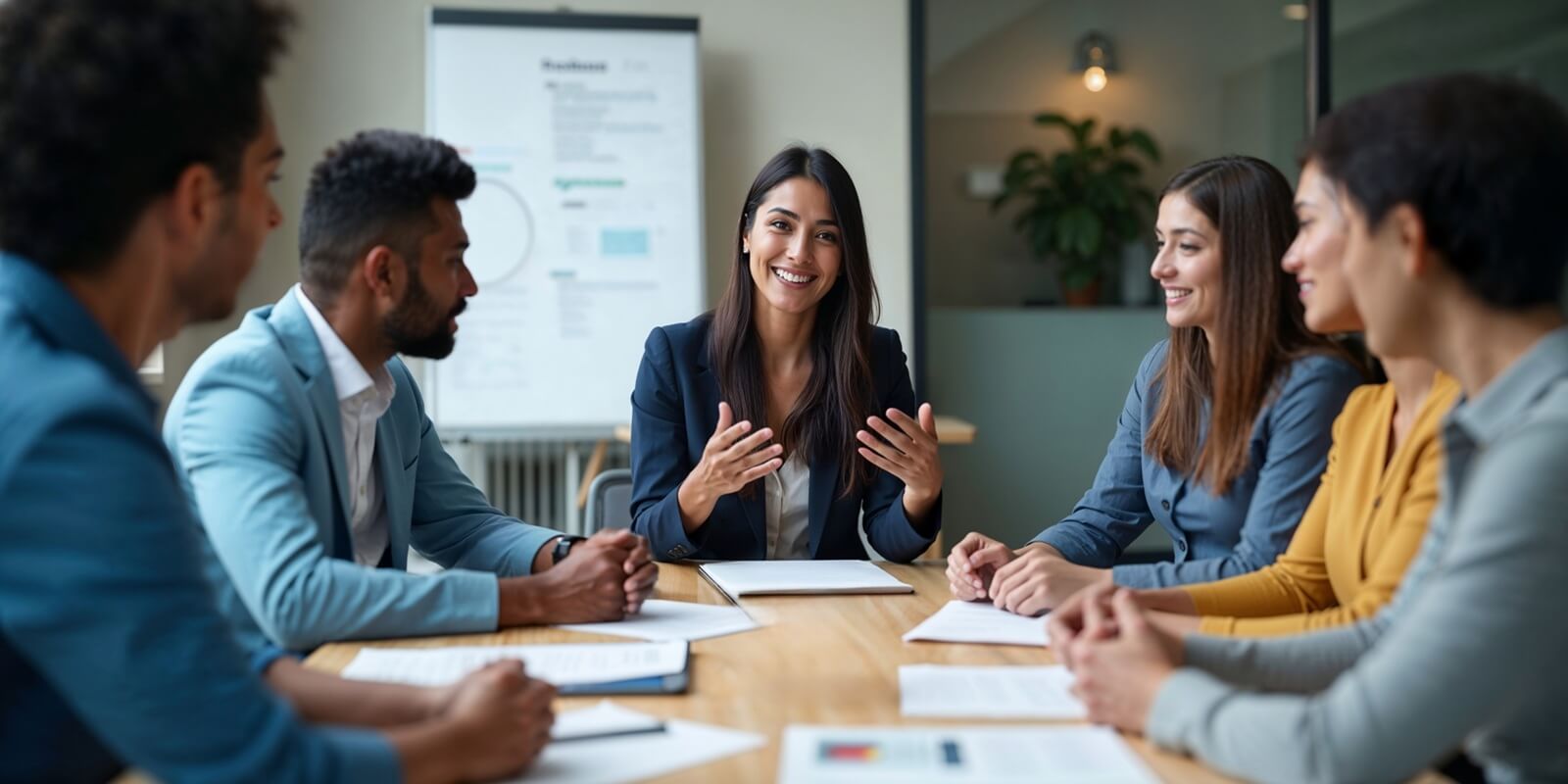 indian HR representative welcoming new employees and explaining company benefits in modern office setting promoting positive onboarding experience