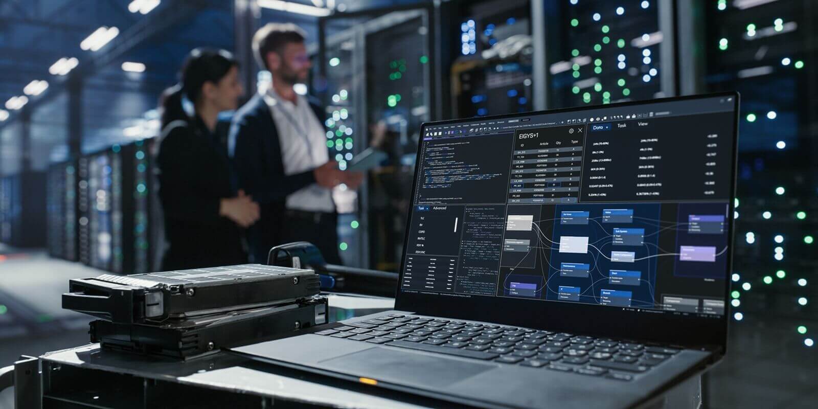 laptop sits on a cart beside hard drives in data center