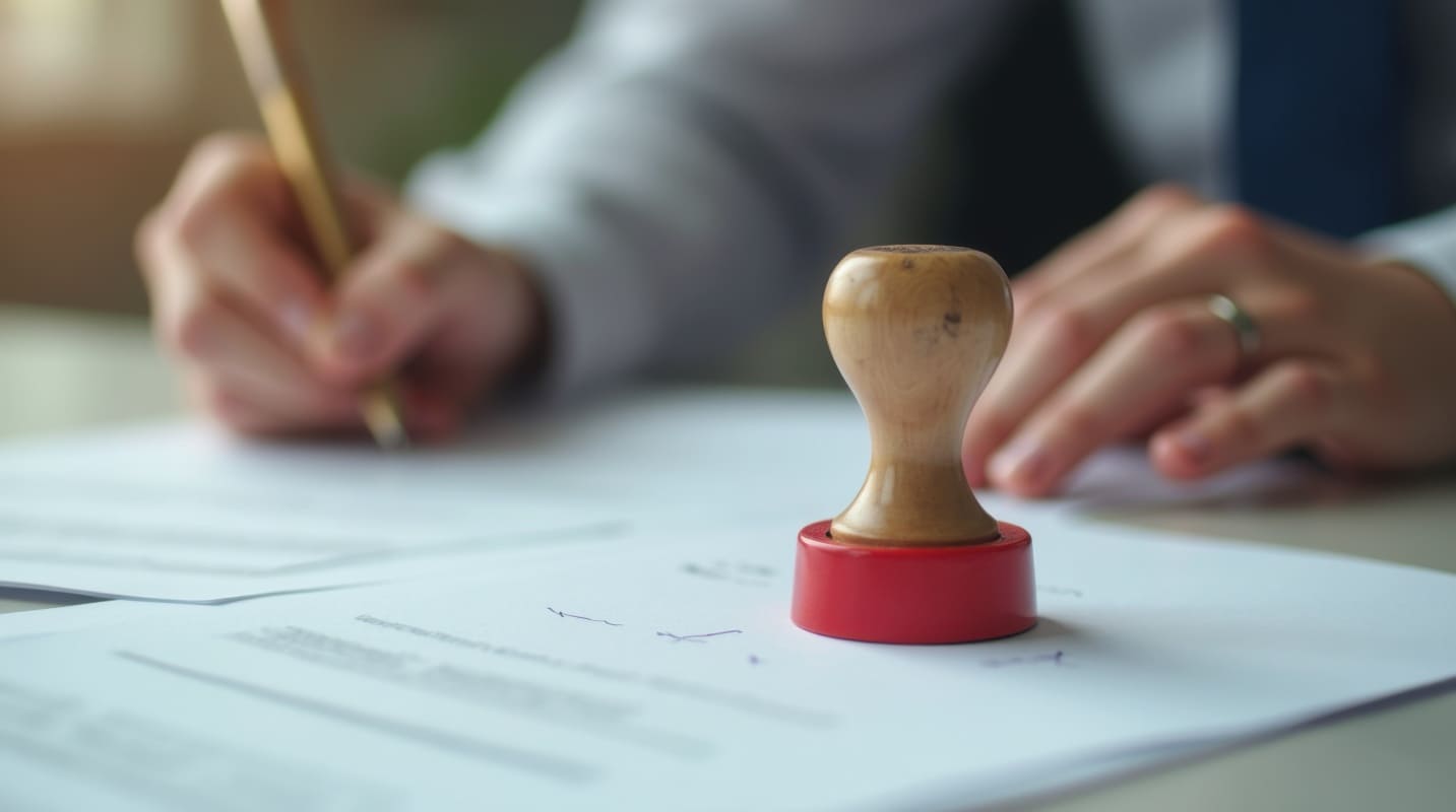 Hand with pen signs legal paper near red rubber stamp.