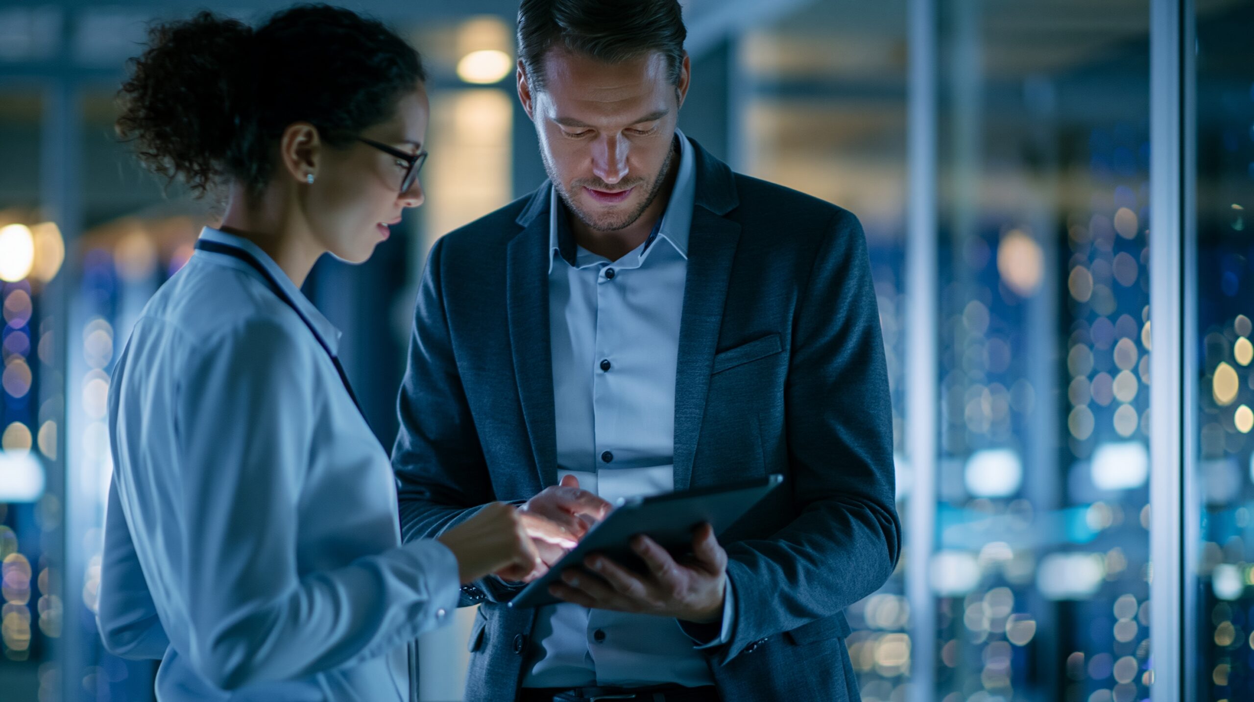 Business consultant and client reviewing data together on a tablet