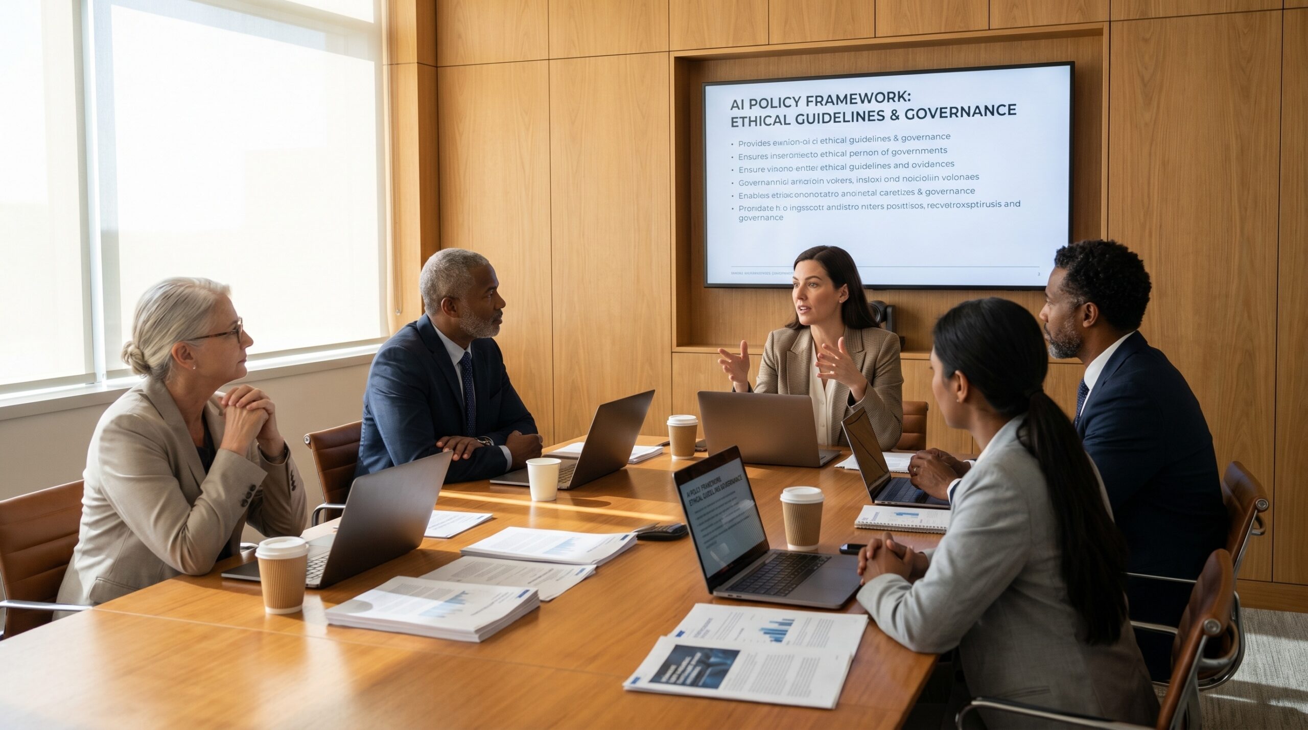 Executive presenting AI policy framework and governance guidelines to a boardroom of business leaders