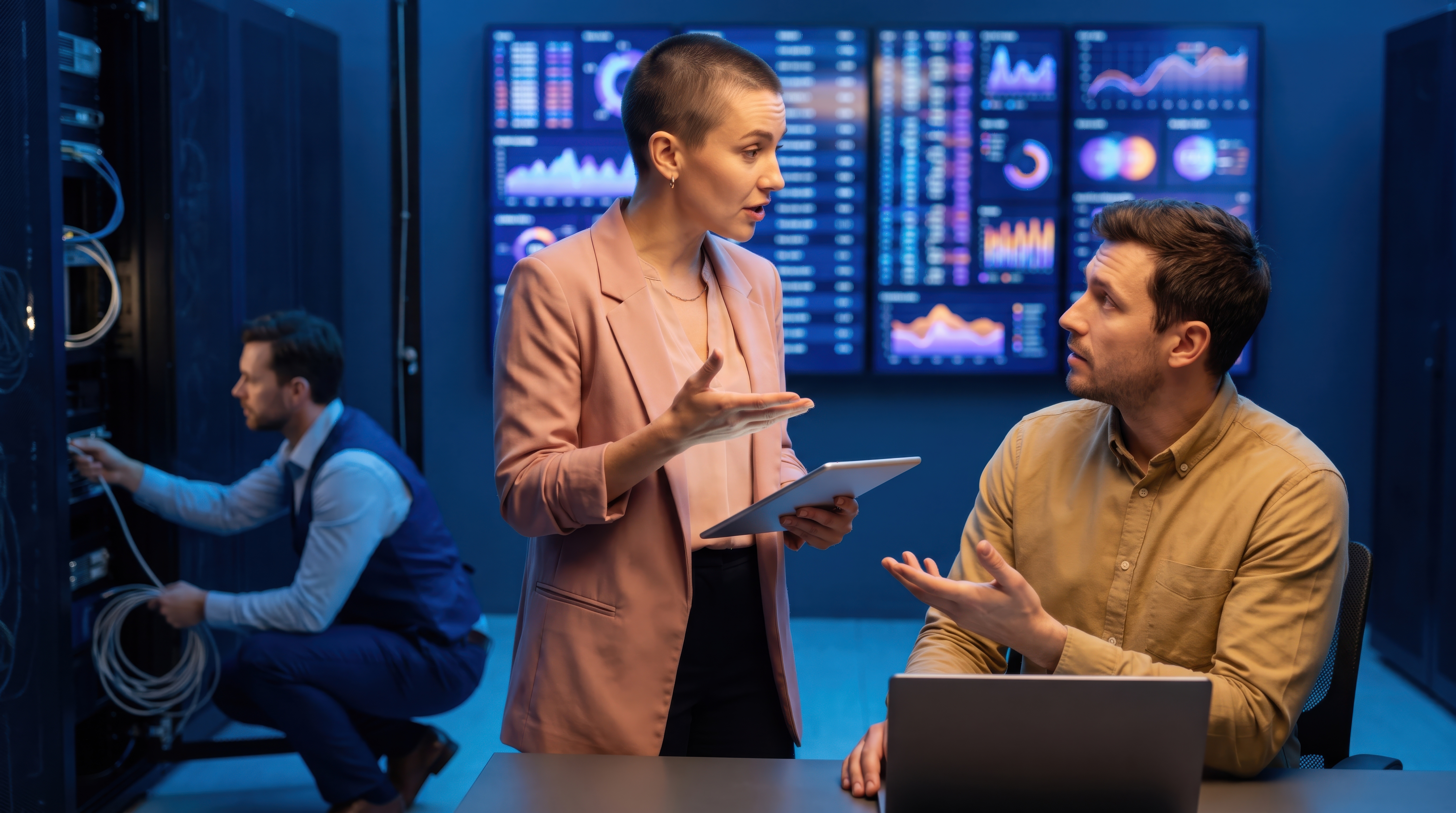 IT professionals discussing infrastructure data and analytics in a server room with data dashboards