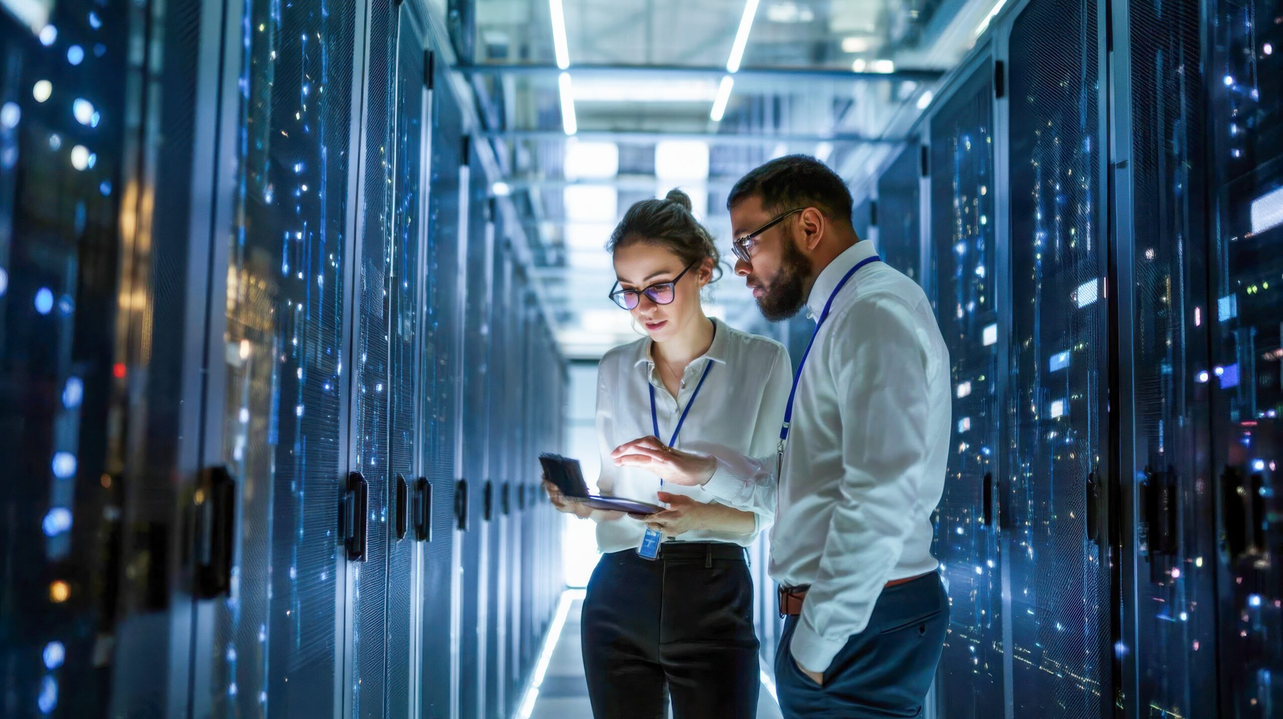 IT professionals reviewing data on a tablet while walking through a server room data center