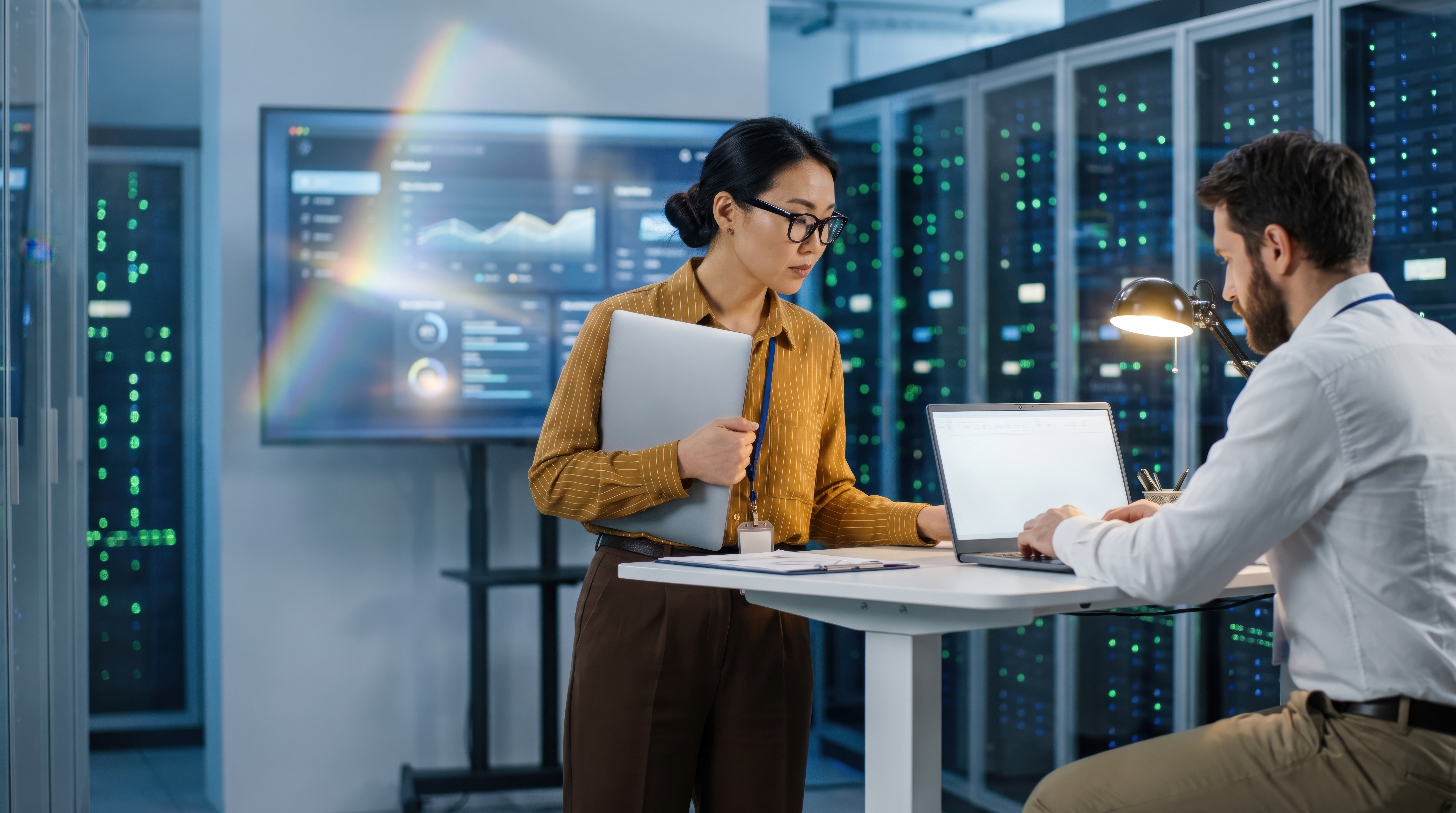 IT professionals reviewing system data on a laptop in a server room data center