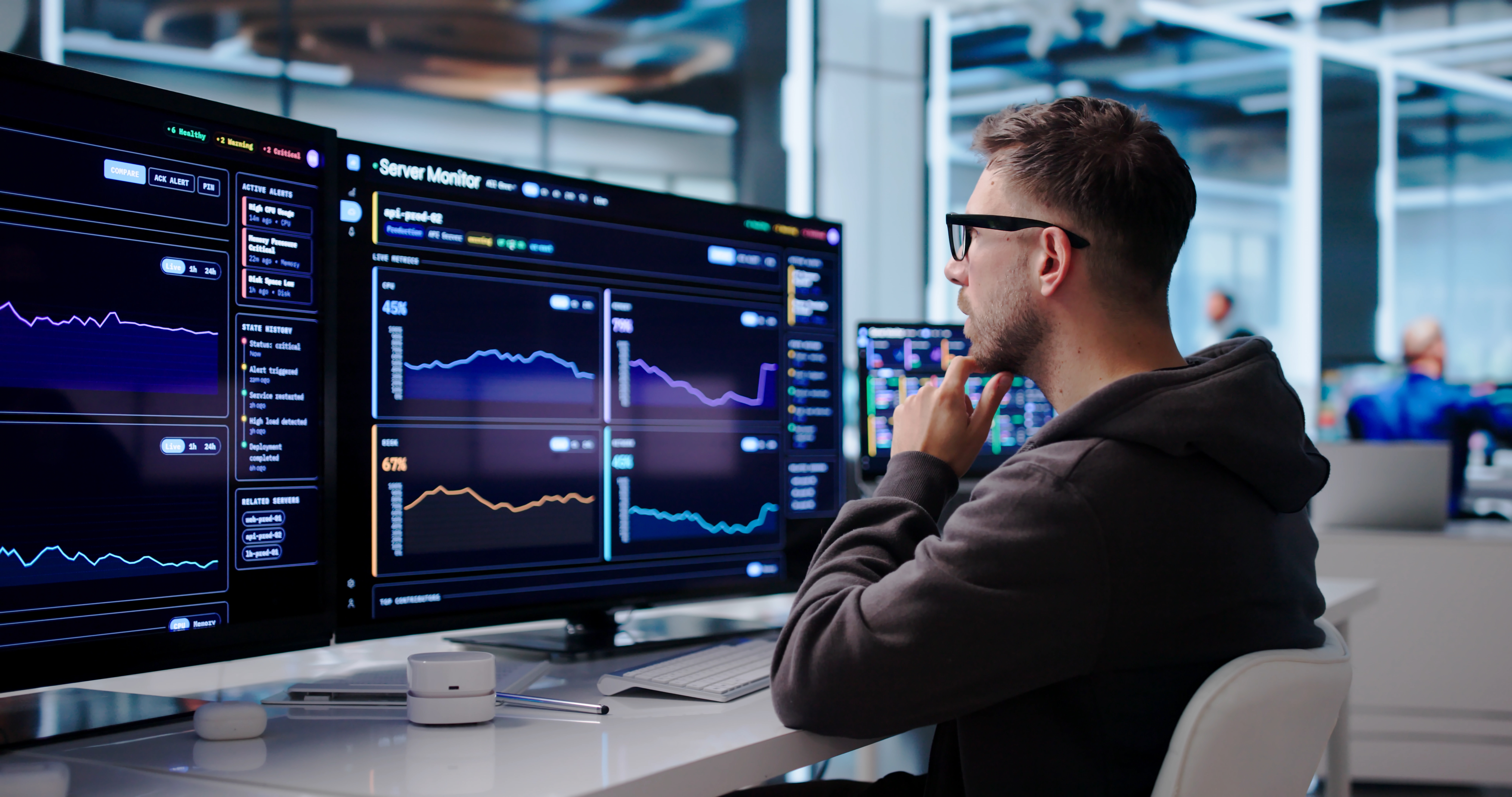 IT security analyst monitoring server performance and network alerts on multiple dashboard screens
