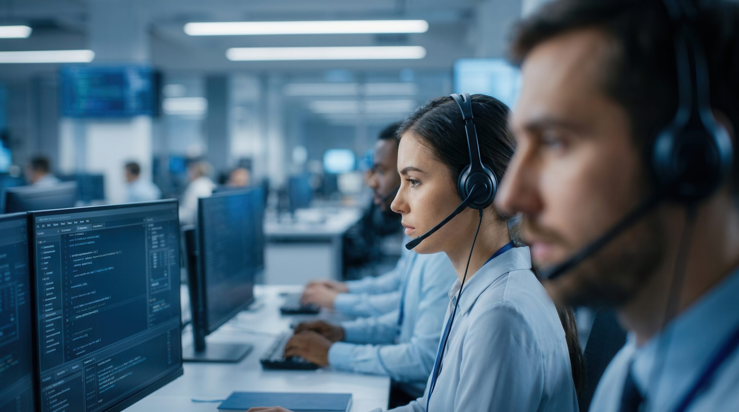 IT support team wearing headsets working at computer monitors in a busy help desk office