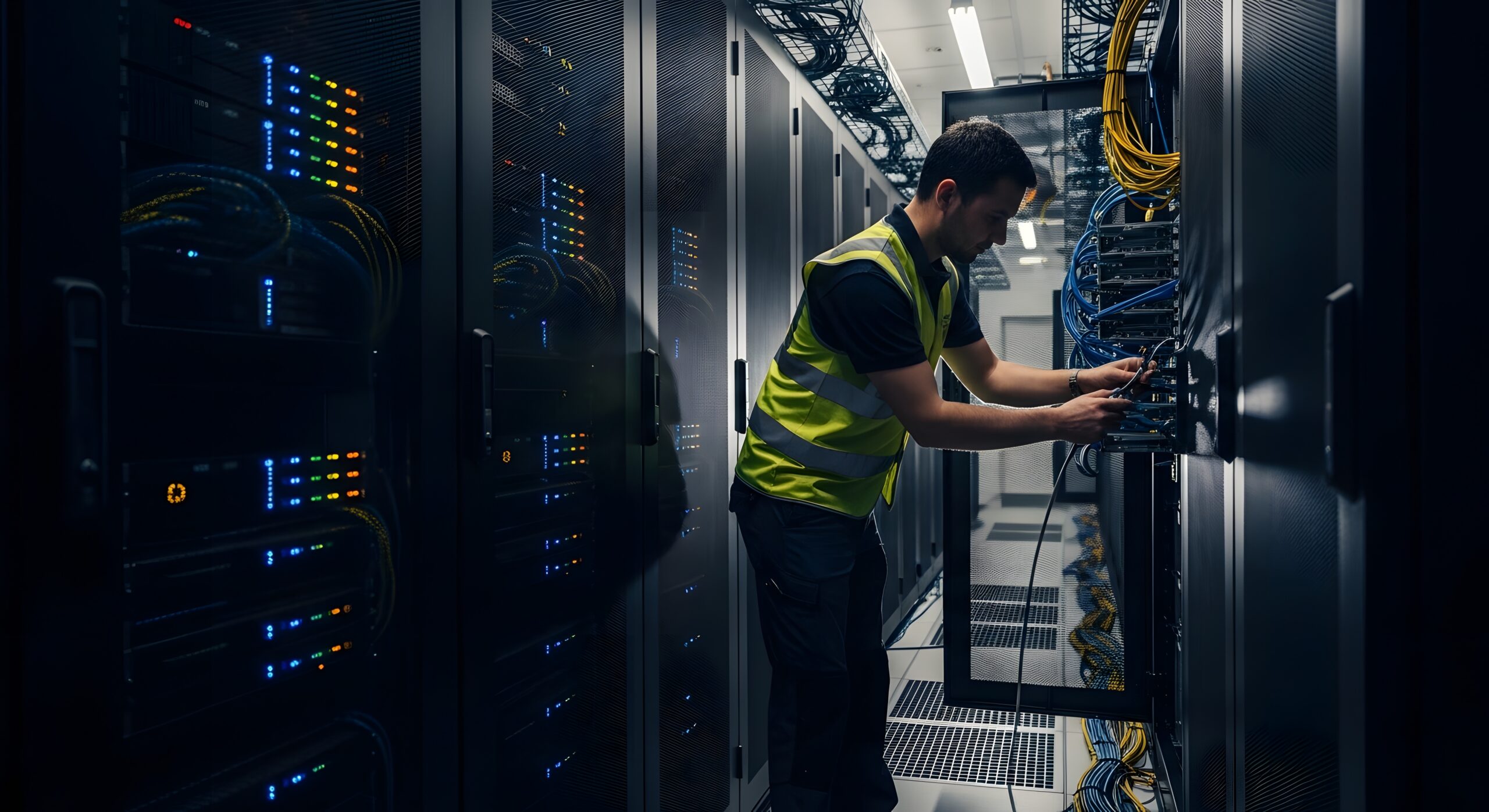 IT technician in safety vest configuring network cables in a data center server room