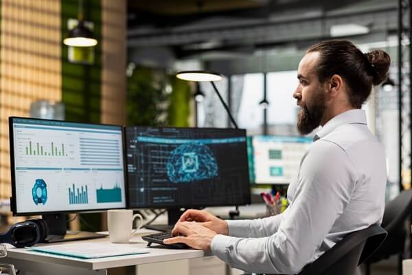administrator checking monthly reports with AI analytics platform