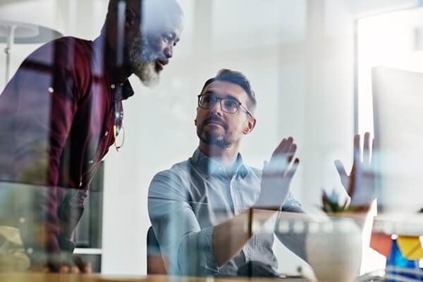business people, manager and collaboration on computer for advice