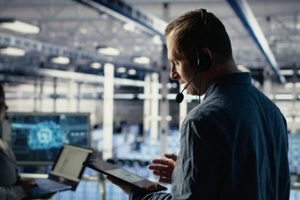 data center admin talking in audio headset mic, helping clients resolve website hosting problems