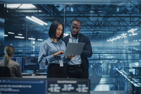 male DevOps engineer and female IT consultant work on a laptop
