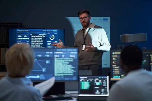 medium shot of caucasian young adult man presenting cybersecurity data to team