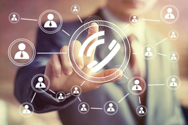 businessman hand press telephone web button icon