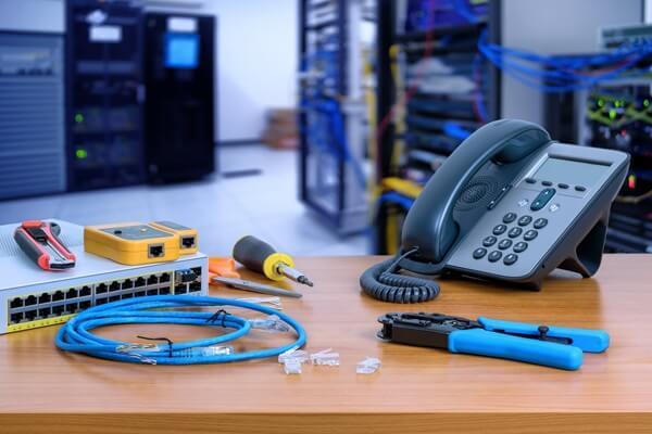 device for network system on table. network gigabit switch, crimping pliers, tester tool and IP Telephone